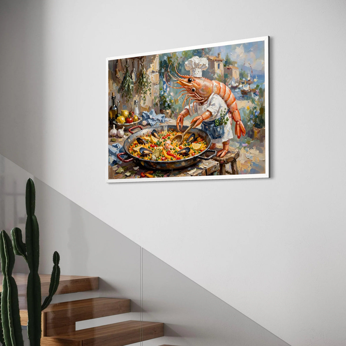 Whimsical Shrimp Chef Cooking Paella Canvas, Coastal Kitchen Wall Art, Mediterranean Seafood Scene, Bright Colorful Canvas Decor Print Art