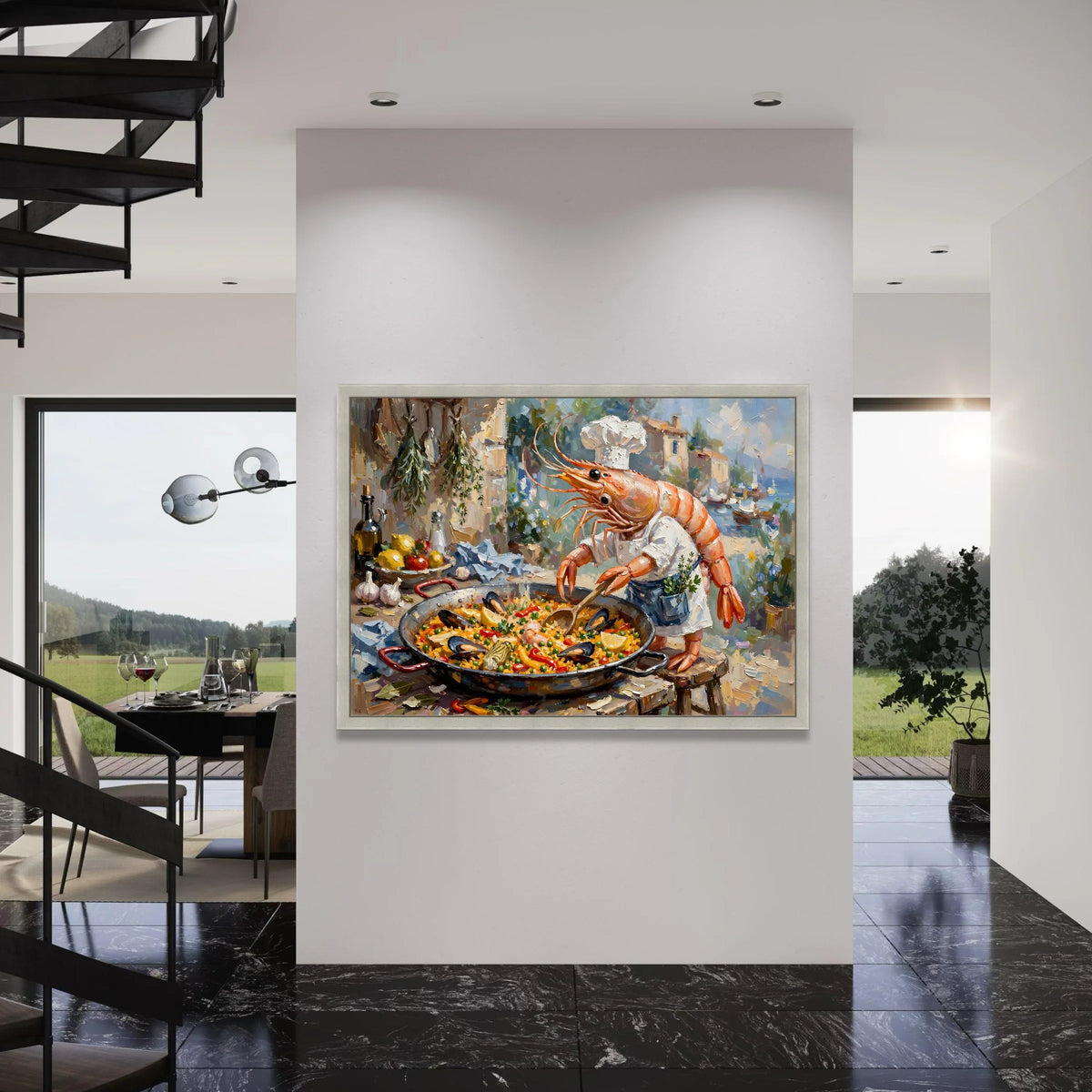 Whimsical Shrimp Chef Cooking Paella Canvas, Coastal Kitchen Wall Art, Mediterranean Seafood Scene, Bright Colorful Canvas Decor Print Art