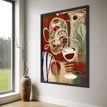 Abstract Wine Glass Canvas Wall Art, Modern Still Life Painting, Red and Neutral Tones, Decorative Home Art, Ready to Hang Print Art