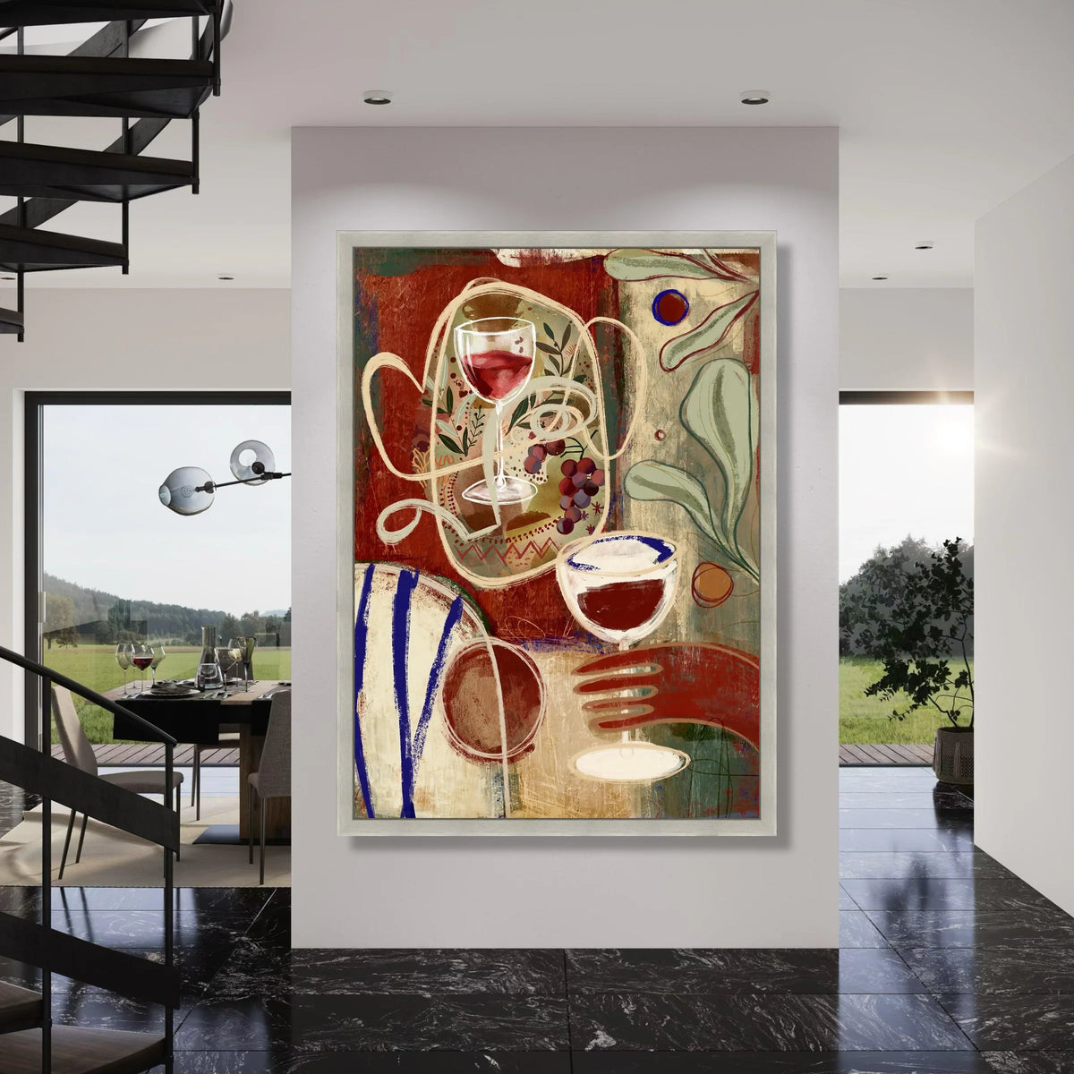 Abstract Wine Glass Canvas Wall Art, Modern Still Life Painting, Red and Neutral Tones, Decorative Home Art, Ready to Hang Print Art