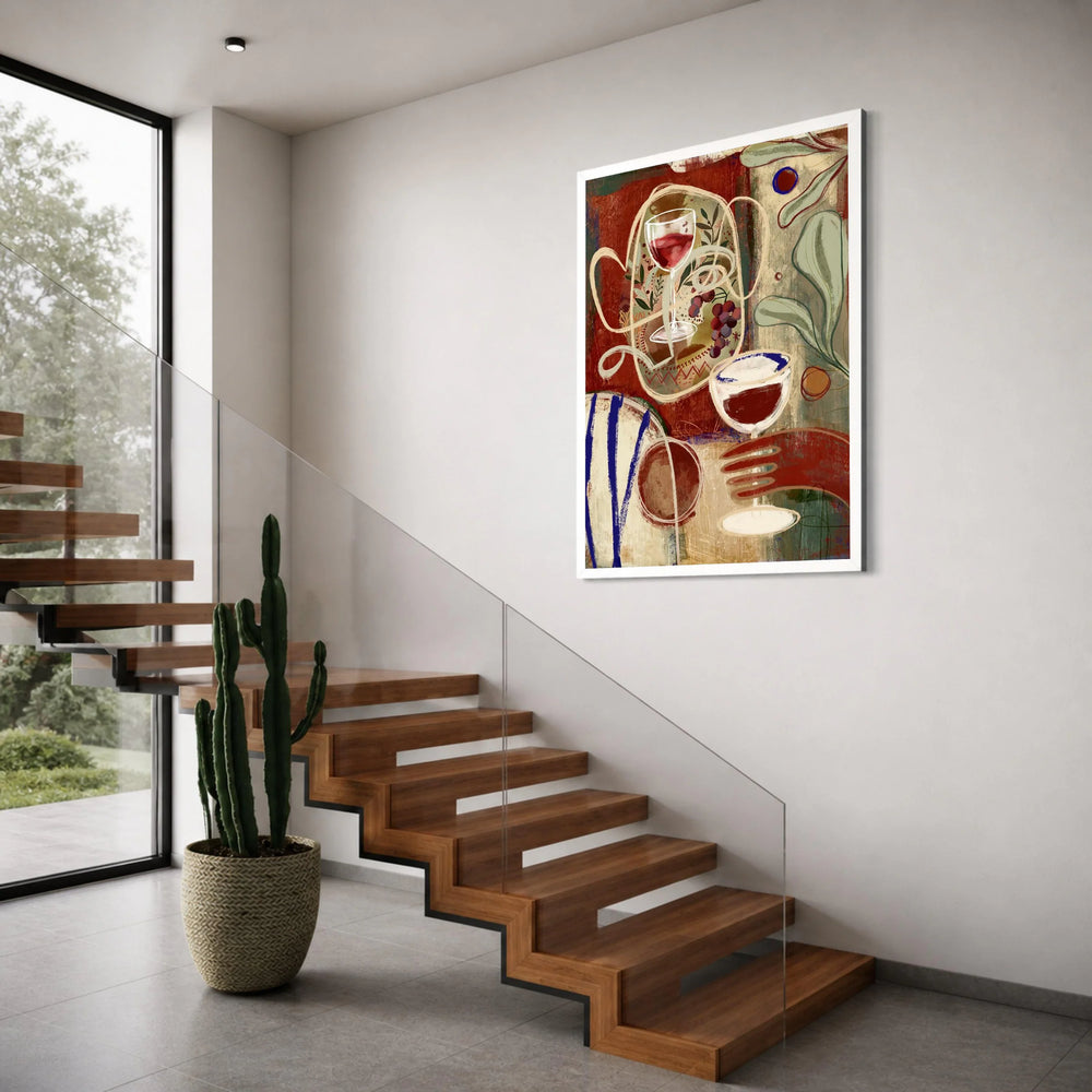 Abstract Wine Glass Canvas Wall Art, Modern Still Life Painting, Red and Neutral Tones, Decorative Home Art, Ready to Hang Print Art