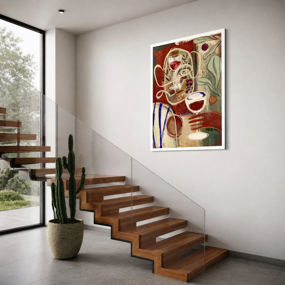 Abstract Wine Glass Canvas Wall Art, Modern Still Life Painting, Red and Neutral Tones, Decorative Home Art, Ready to Hang Print Art