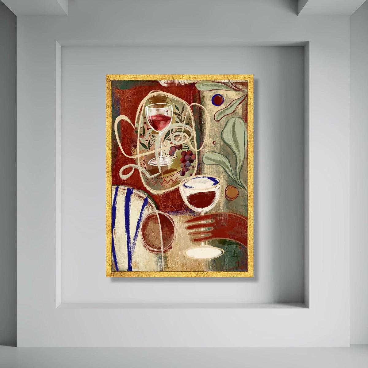 Abstract Wine Glass Canvas Wall Art, Modern Still Life Painting, Red and Neutral Tones, Decorative Home Art, Ready to Hang Print Art