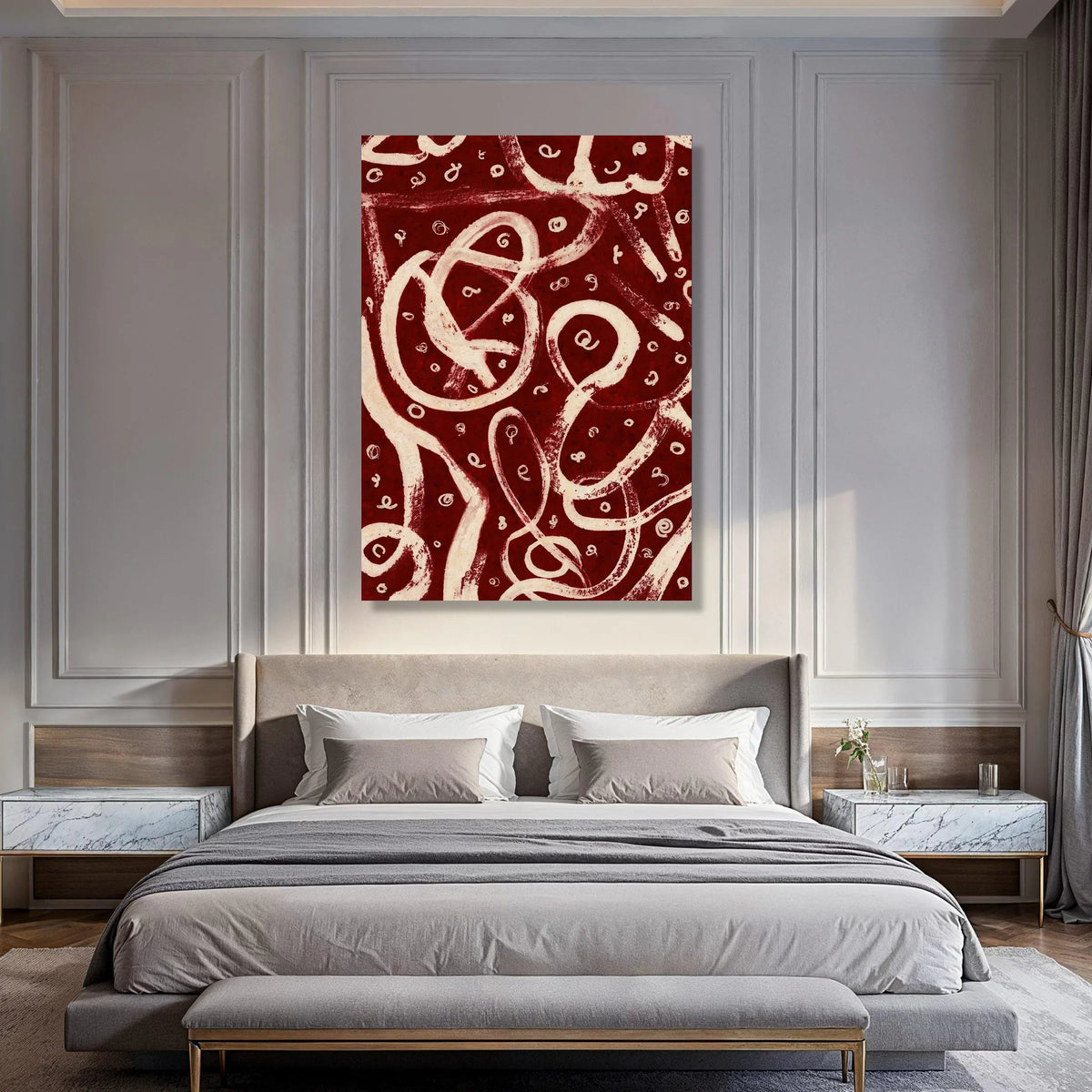 Abstract Swirl Pattern Canvas, Red and White Modern Wall Art, Contemporary Home Decoration, Artistic Loop Design Canvas, Bold Print Art
