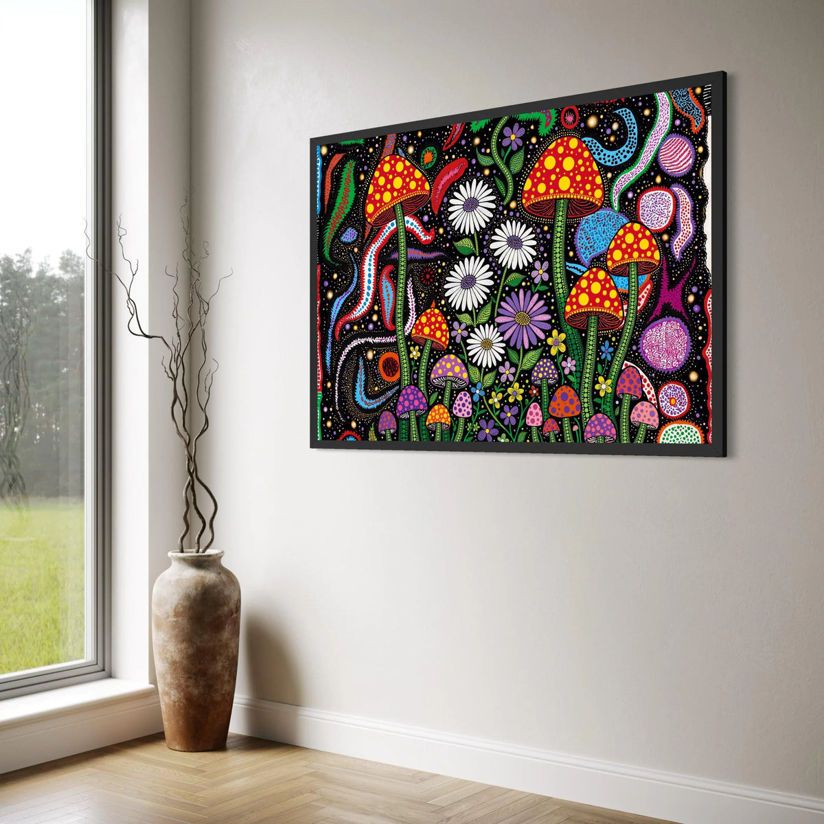 Yayoi Kusama Polka Dot Mushrooms Canvas, Psychedelic Floral and Cosmic Dots Wall Art, Colorful Contemporary Abstract Nature Decor Print Art