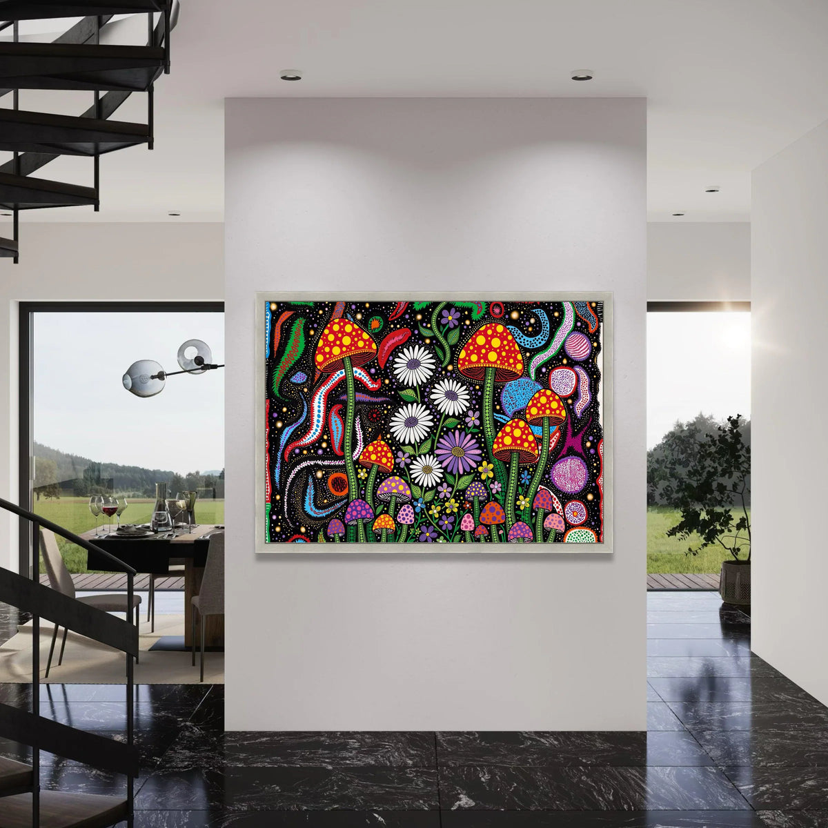 Yayoi Kusama Polka Dot Mushrooms Canvas, Psychedelic Floral and Cosmic Dots Wall Art, Colorful Contemporary Abstract Nature Decor Print Art