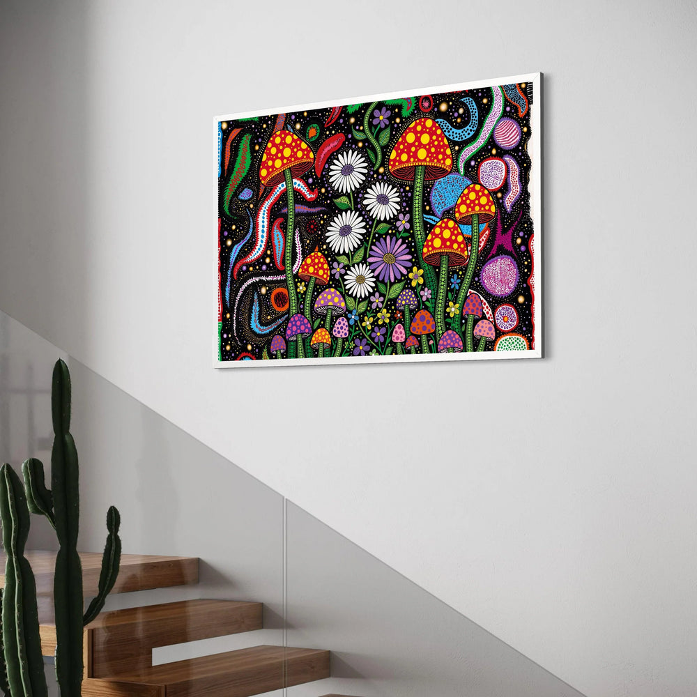 Yayoi Kusama Polka Dot Mushrooms Canvas, Psychedelic Floral and Cosmic Dots Wall Art, Colorful Contemporary Abstract Nature Decor Print Art
