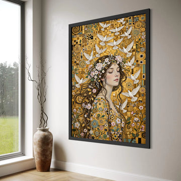 Ethereal Woman With Floral Crown and White Doves Canvas Wall Art, Golden Abstract Background, Peaceful Portrait Decoration, Nature Print Art