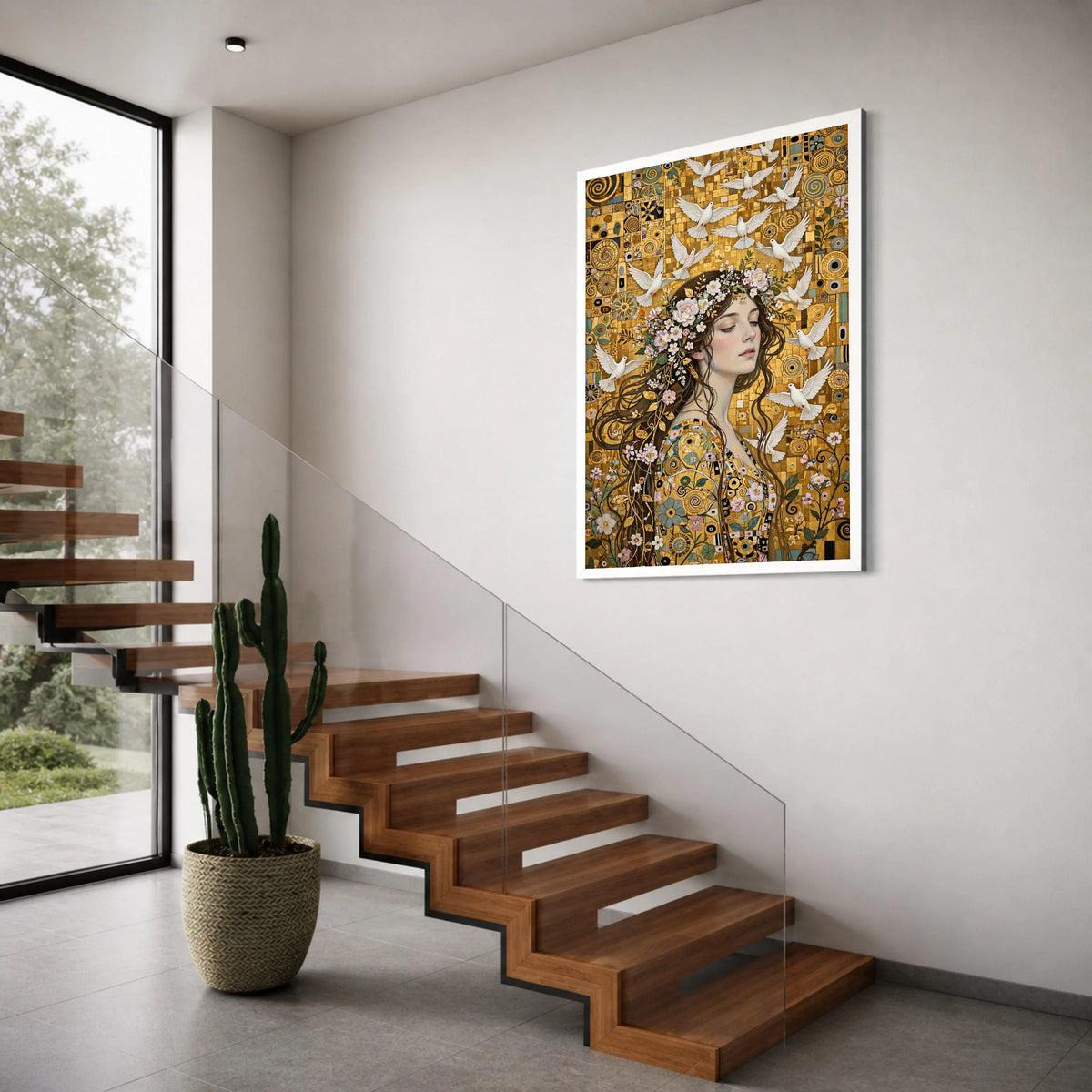 Ethereal Woman With Floral Crown and White Doves Canvas Wall Art, Golden Abstract Background, Peaceful Portrait Decoration, Nature Print Art