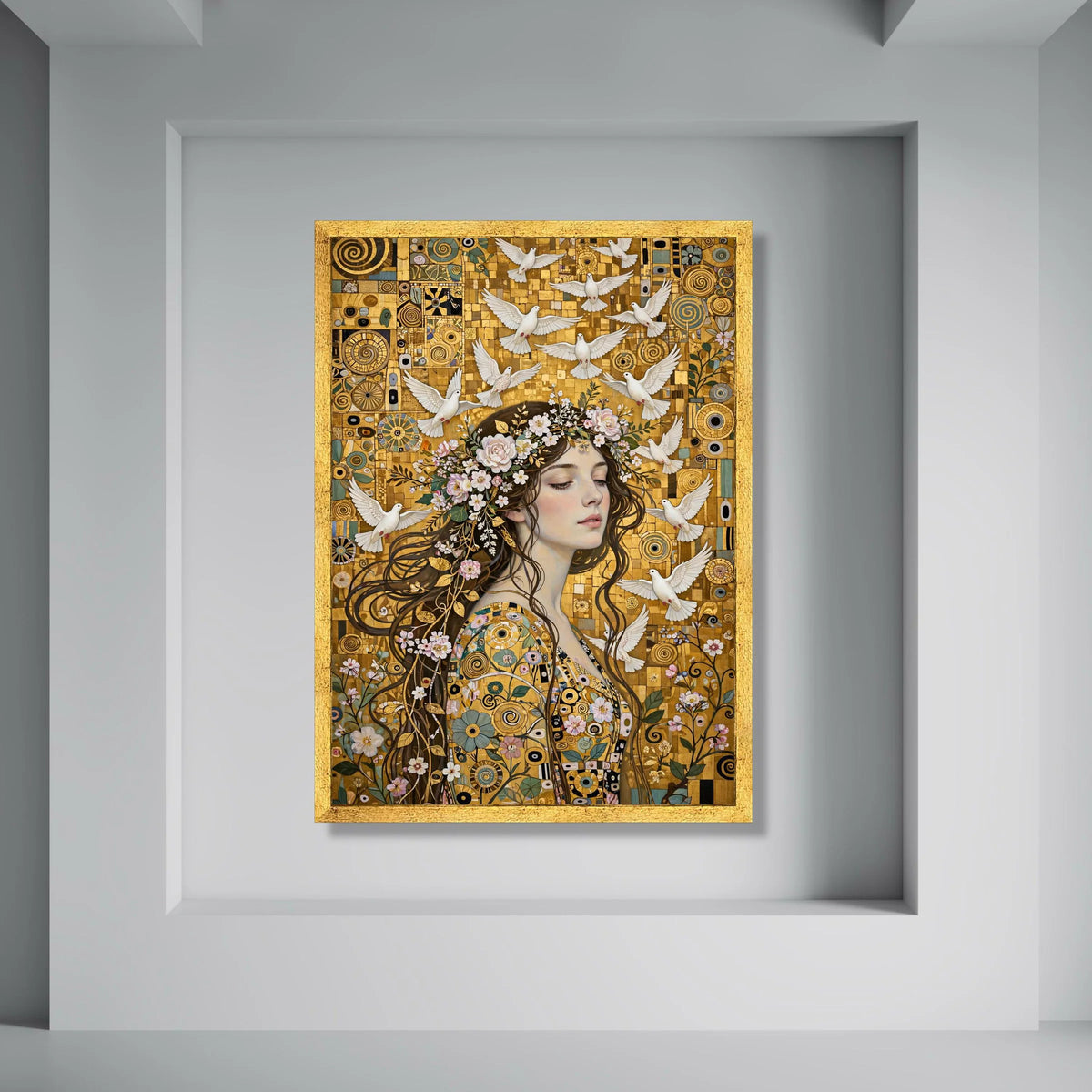 Ethereal Woman With Floral Crown and White Doves Canvas Wall Art, Golden Abstract Background, Peaceful Portrait Decoration, Nature Print Art
