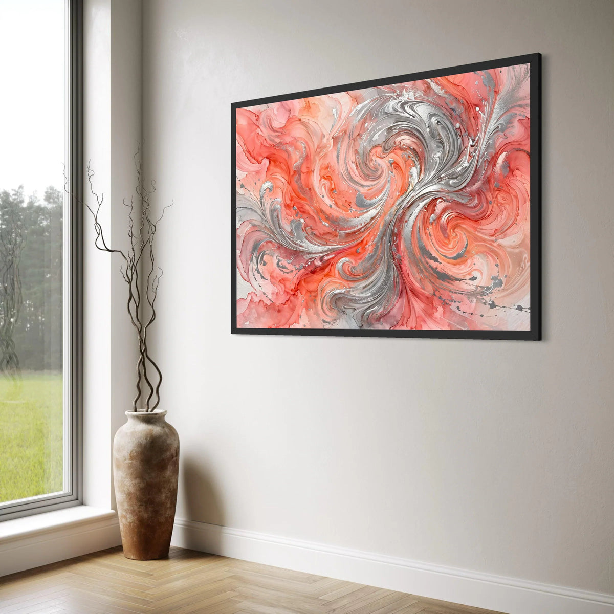 Vibrant Coral Swirl Canvas, Abstract Fluid Art Wall Decor, Modern Metallic Silver Accents, Living Room Canvas Decoration, Home Art Print Art