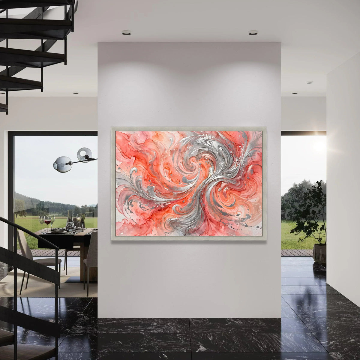 Vibrant Coral Swirl Canvas, Abstract Fluid Art Wall Decor, Modern Metallic Silver Accents, Living Room Canvas Decoration, Home Art Print Art
