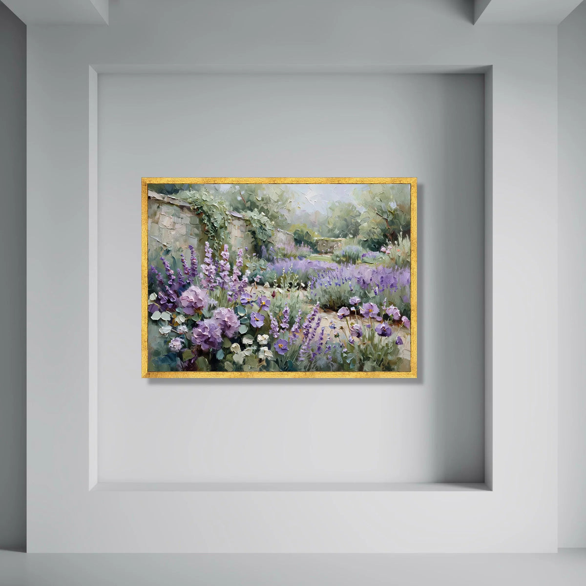 Lavender Garden Path Canvas Wall Art, Floral Spring Blooms Canvas, Soft Pastel Flowers Decoration, Nature Landscape Canvas Art Print Art