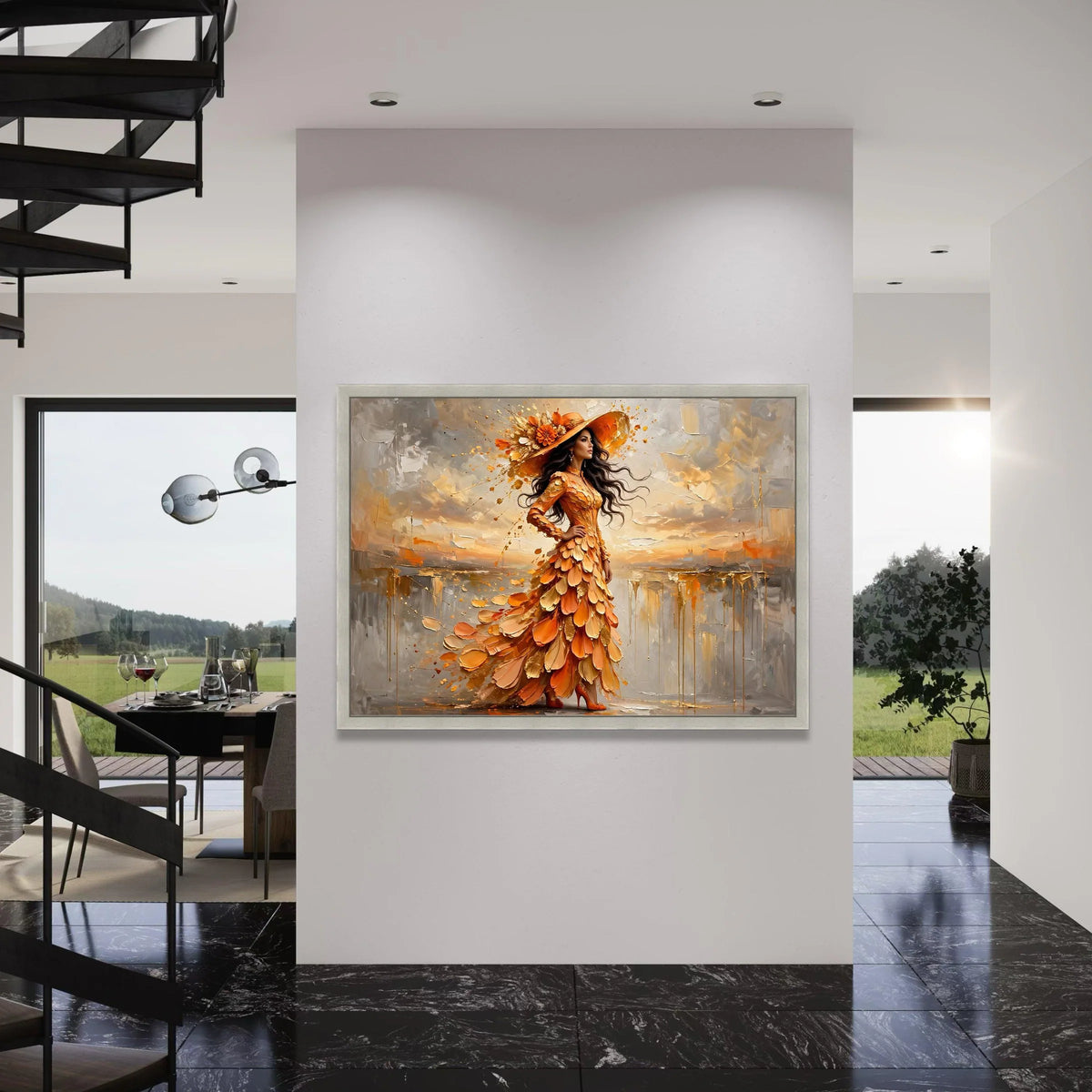 Elegant Woman Orange Dress Canvas, Floral Hat Wall Art, Fashion Portrait Canvas, Autumn Colors Painting, Modern Home Decoration Print Art