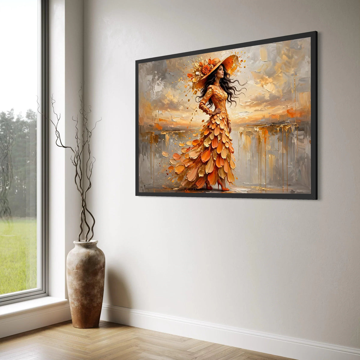 Elegant Woman Orange Dress Canvas, Floral Hat Wall Art, Fashion Portrait Canvas, Autumn Colors Painting, Modern Home Decoration Print Art
