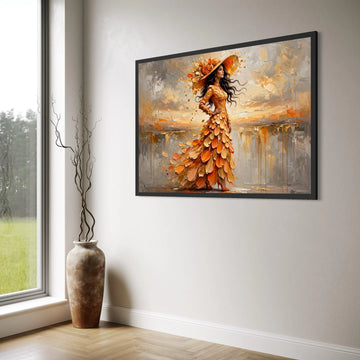 Elegant Woman Orange Dress Canvas, Floral Hat Wall Art, Fashion Portrait Canvas, Autumn Colors Painting, Modern Home Decoration Print Art