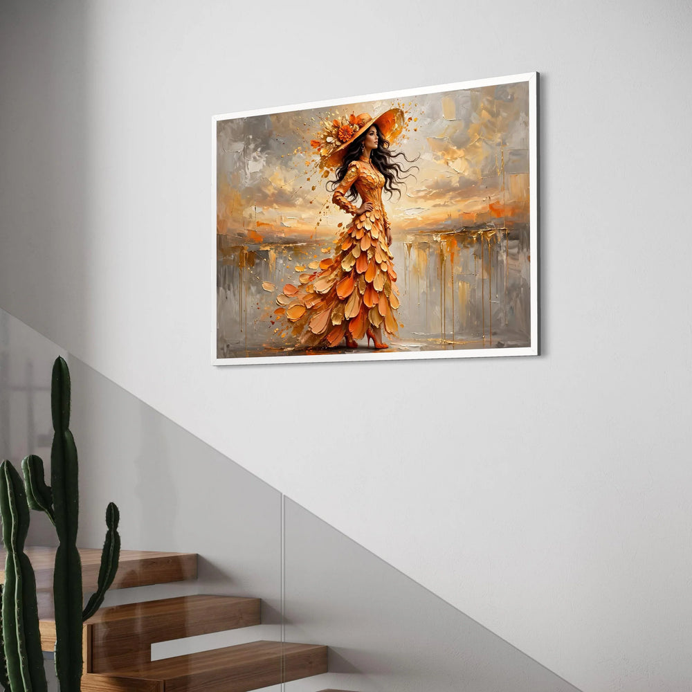 Elegant Woman Orange Dress Canvas, Floral Hat Wall Art, Fashion Portrait Canvas, Autumn Colors Painting, Modern Home Decoration Print Art