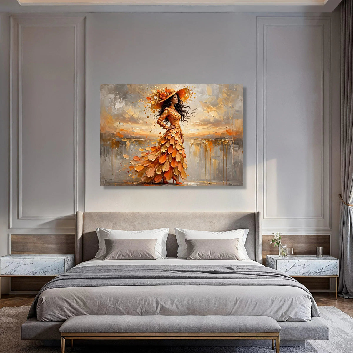 Elegant Woman Orange Dress Canvas, Floral Hat Wall Art, Fashion Portrait Canvas, Autumn Colors Painting, Modern Home Decoration Print Art