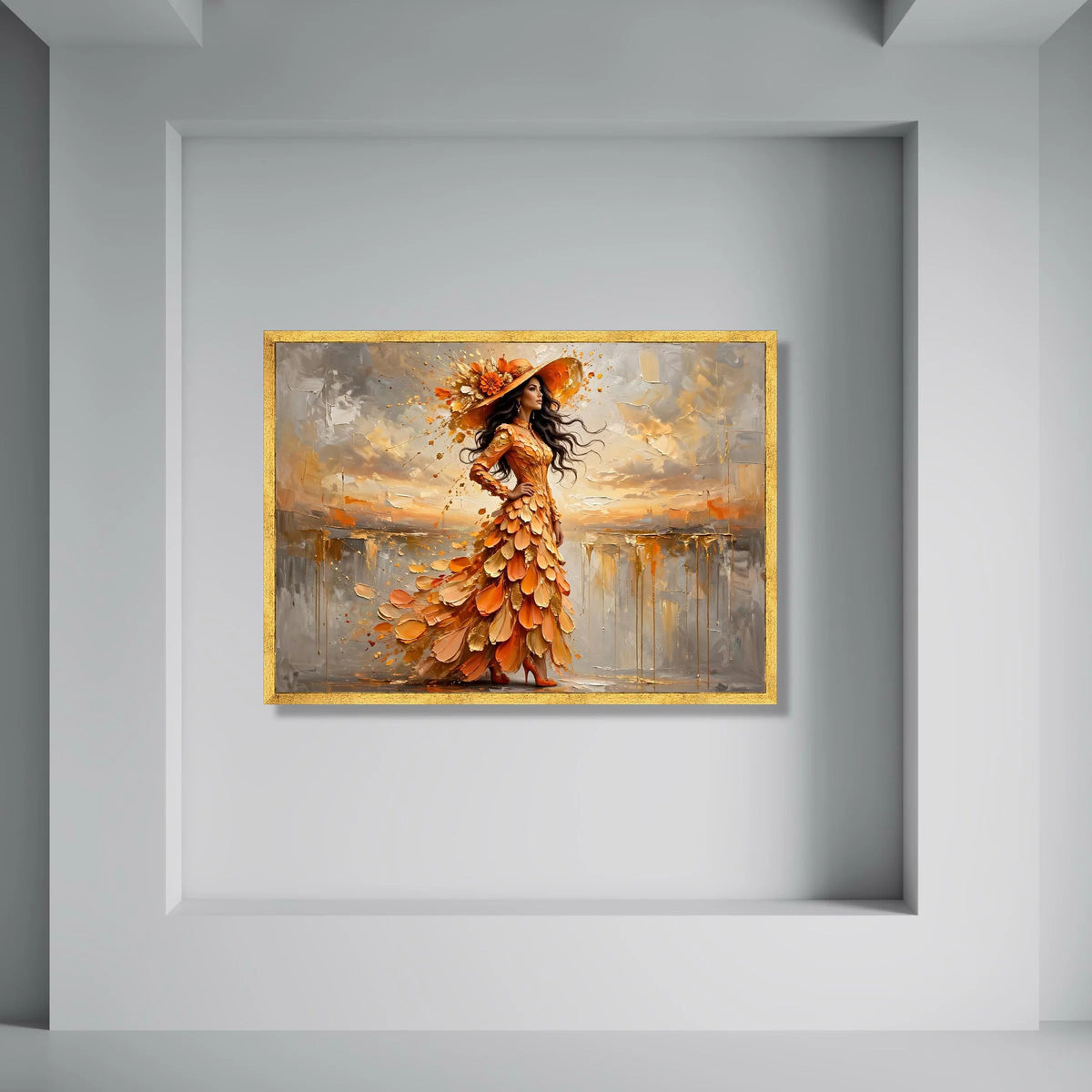 Elegant Woman Orange Dress Canvas, Floral Hat Wall Art, Fashion Portrait Canvas, Autumn Colors Painting, Modern Home Decoration Print Art