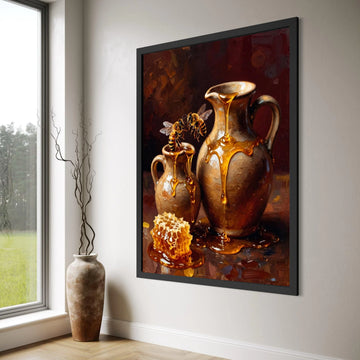 Golden Honey Drip Canvas, Bees with Jugs and Honeycomb, Rustic Kitchen Wall Art, Nature-Inspired Home Decoration, Bee and Honey Print Art