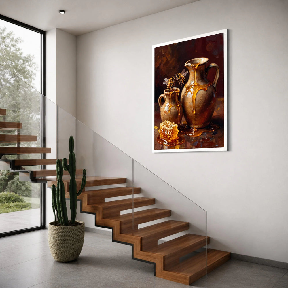 Golden Honey Drip Canvas, Bees with Jugs and Honeycomb, Rustic Kitchen Wall Art, Nature-Inspired Home Decoration, Bee and Honey Print Art