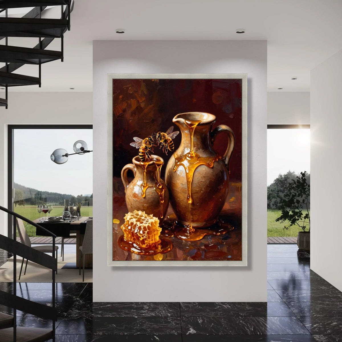 Golden Honey Drip Canvas, Bees with Jugs and Honeycomb, Rustic Kitchen Wall Art, Nature-Inspired Home Decoration, Bee and Honey Print Art