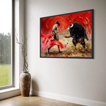 Bullfighter Action Canvas Wall Art, Spanish Matador Painting, Red Cape and Black Bull Canvas, Vibrant Bullfighting Scene, Dramatic Print Art
