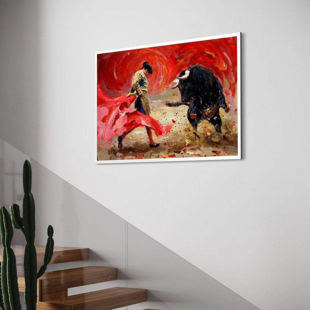 Bullfighter Action Canvas Wall Art, Spanish Matador Painting, Red Cape and Black Bull Canvas, Vibrant Bullfighting Scene, Dramatic Print Art