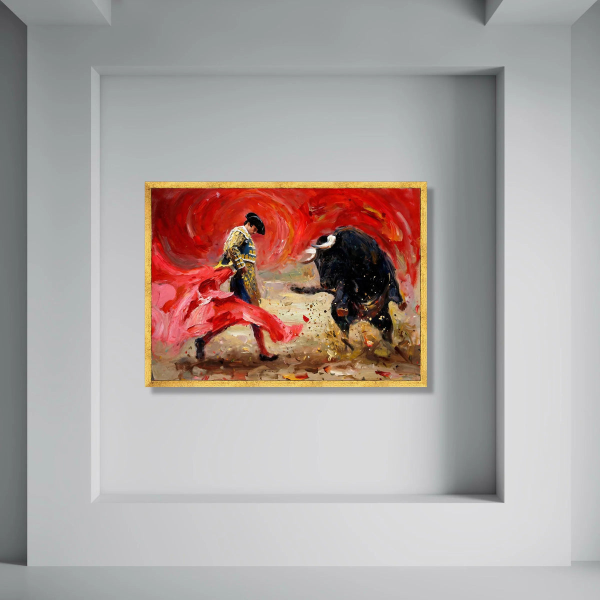 Bullfighter Action Canvas Wall Art, Spanish Matador Painting, Red Cape and Black Bull Canvas, Vibrant Bullfighting Scene, Dramatic Print Art