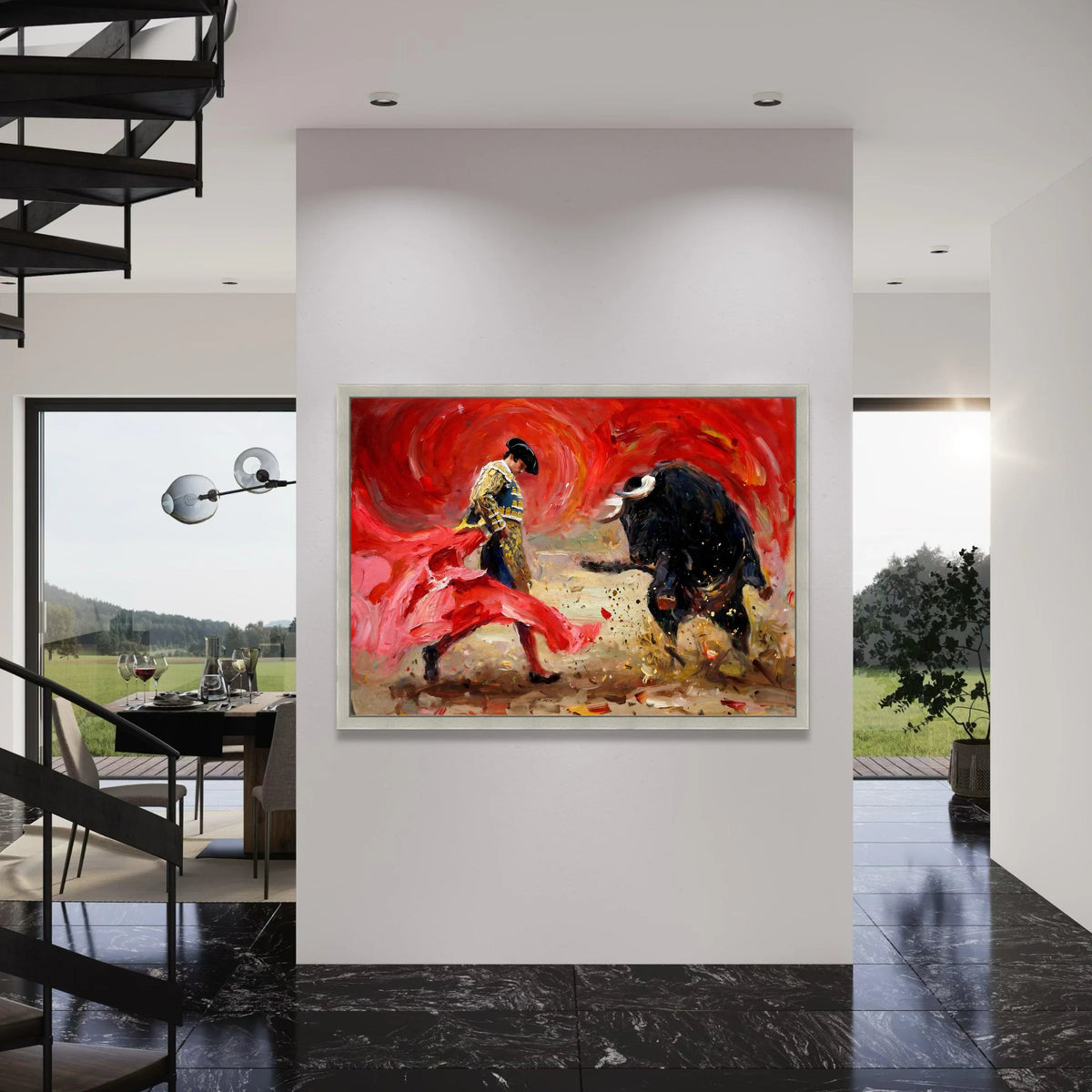 Bullfighter Action Canvas Wall Art, Spanish Matador Painting, Red Cape and Black Bull Canvas, Vibrant Bullfighting Scene, Dramatic Print Art