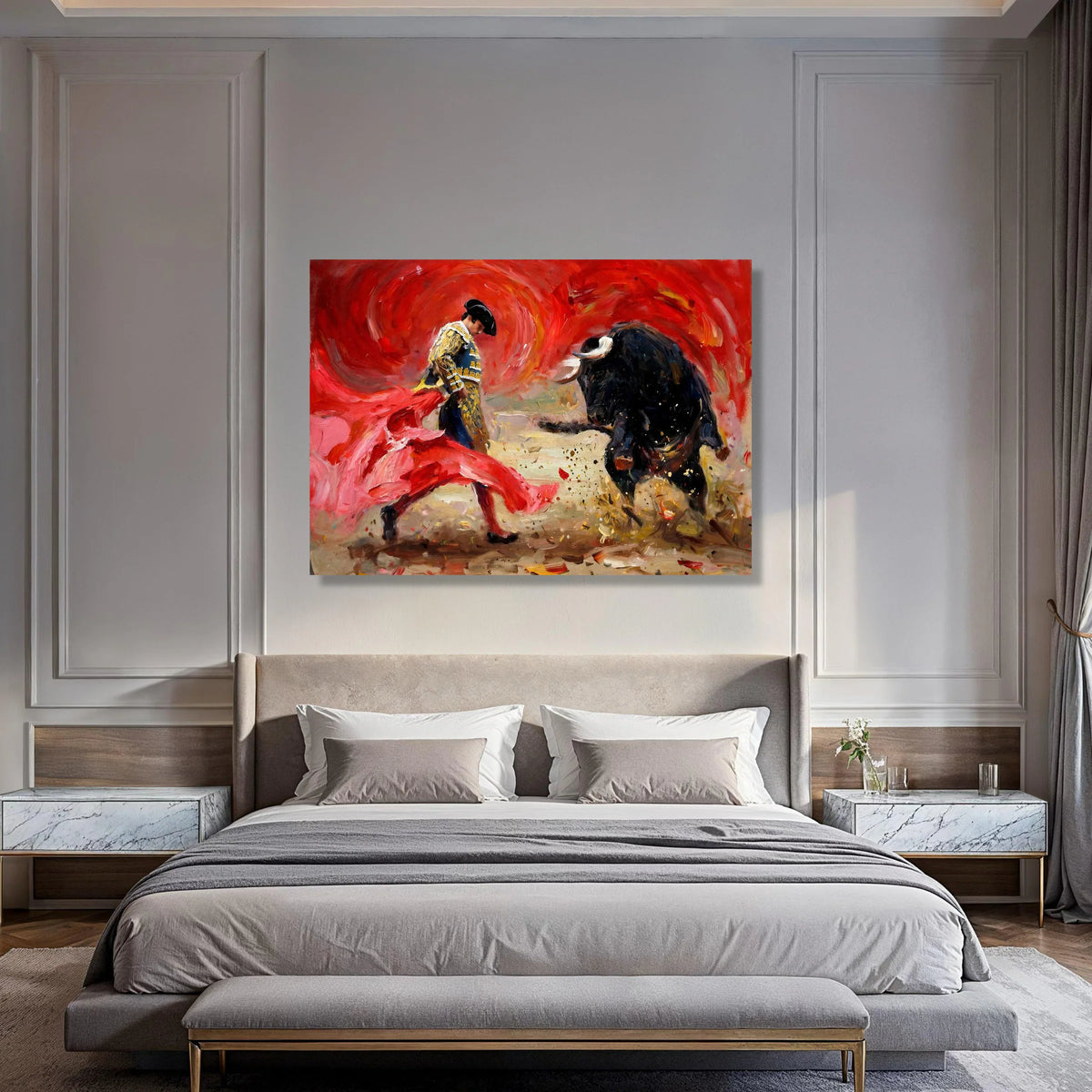 Bullfighter Action Canvas Wall Art, Spanish Matador Painting, Red Cape and Black Bull Canvas, Vibrant Bullfighting Scene, Dramatic Print Art