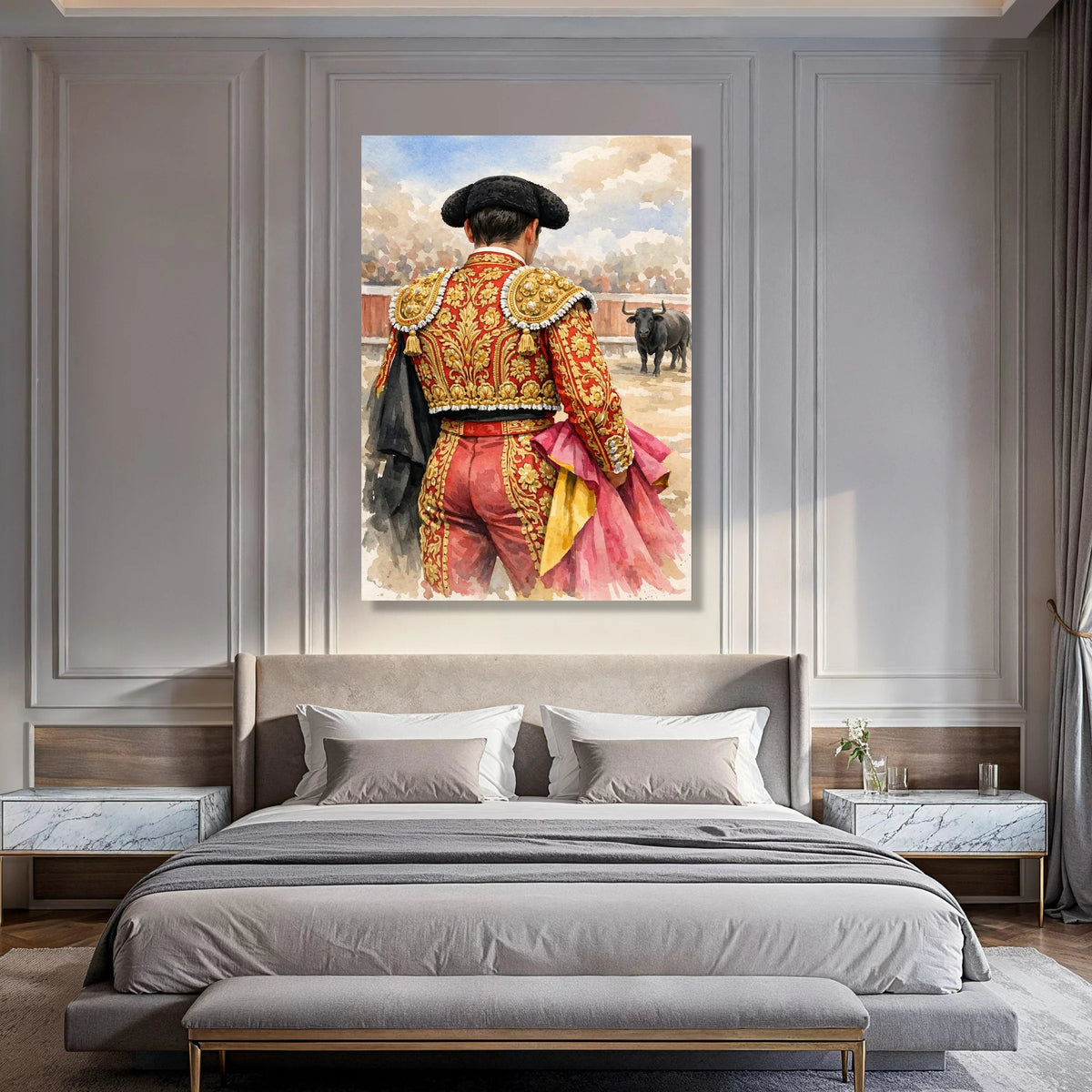 Matador Red Gold Suit Canvas, Bullfighter Wall Art, Spanish Tradition Canvas, Bullfighting Scene Decoration, Ready to Hang Canvas Print Art