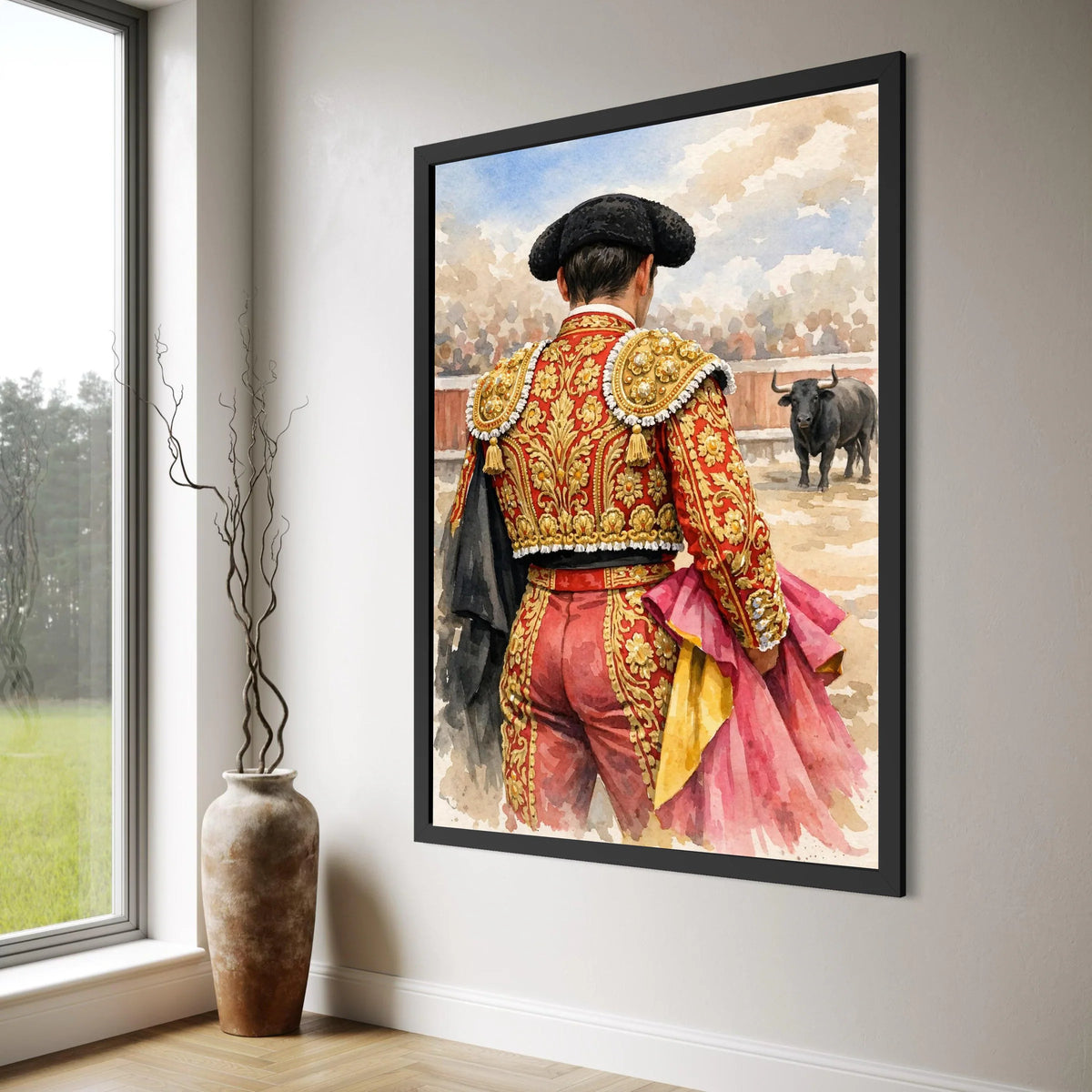 Matador Red Gold Suit Canvas, Bullfighter Wall Art, Spanish Tradition Canvas, Bullfighting Scene Decoration, Ready to Hang Canvas Print Art