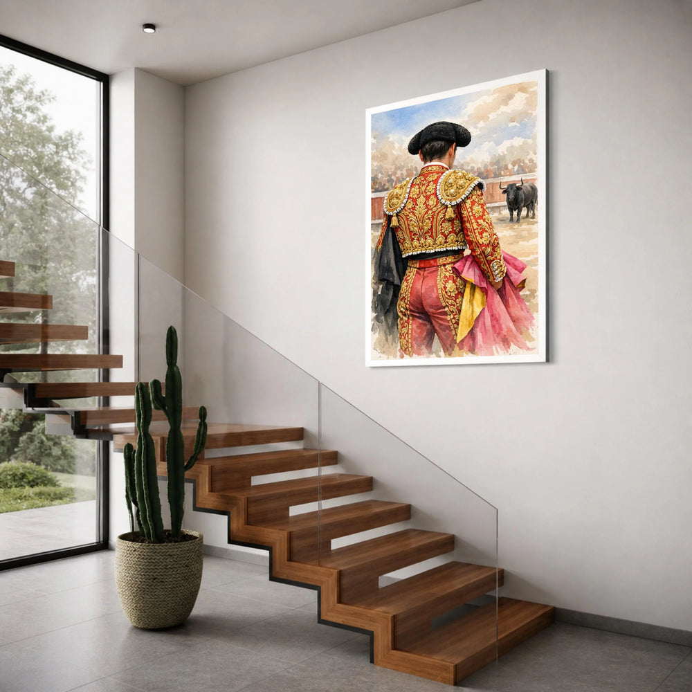 Matador Red Gold Suit Canvas, Bullfighter Wall Art, Spanish Tradition Canvas, Bullfighting Scene Decoration, Ready to Hang Canvas Print Art