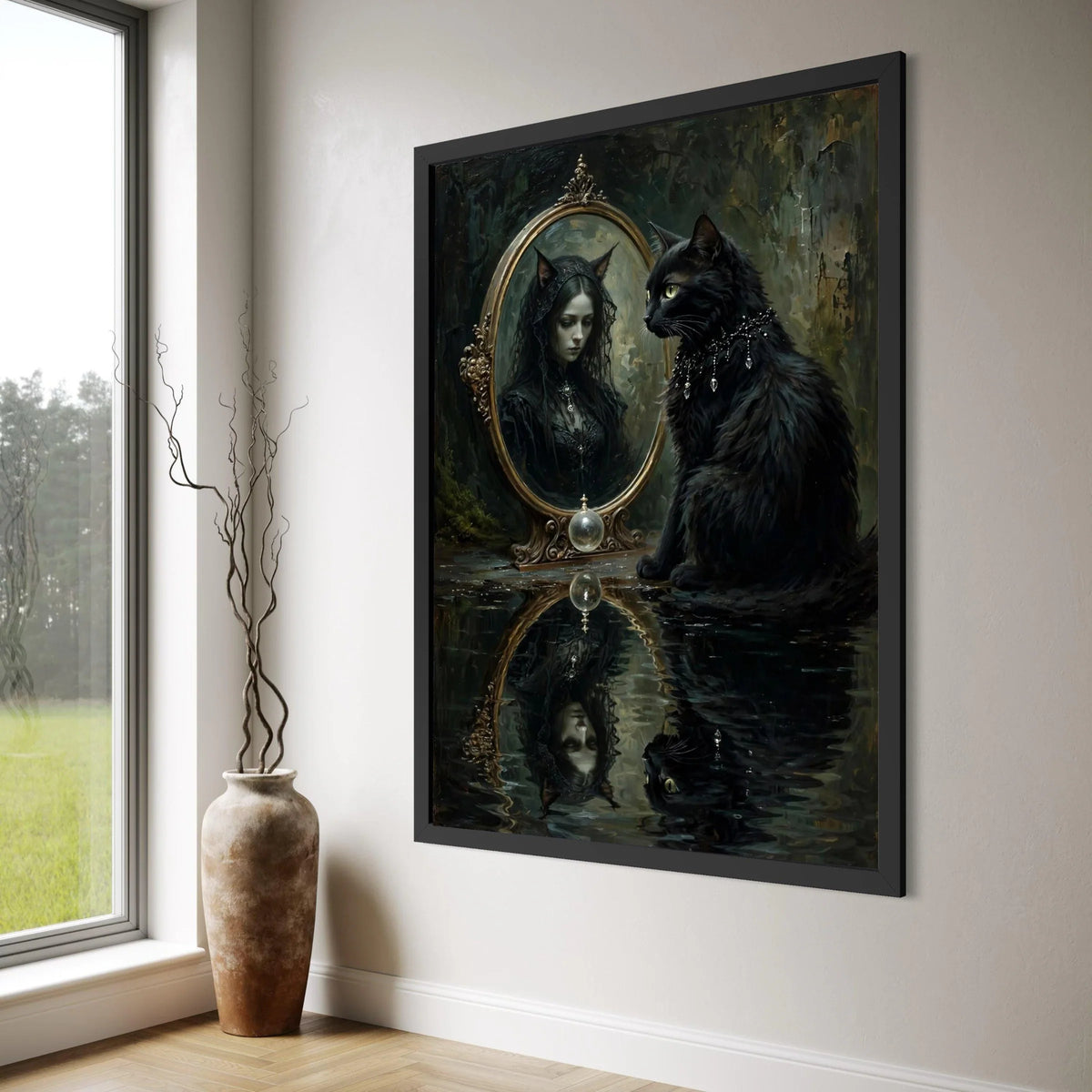 Mystical Black Cat Reflection Canvas, Gothic Mirror Wall Art, Dark Fantasy Home Decor, Enchanted Creature Canvas, Witchy Style Print Art
