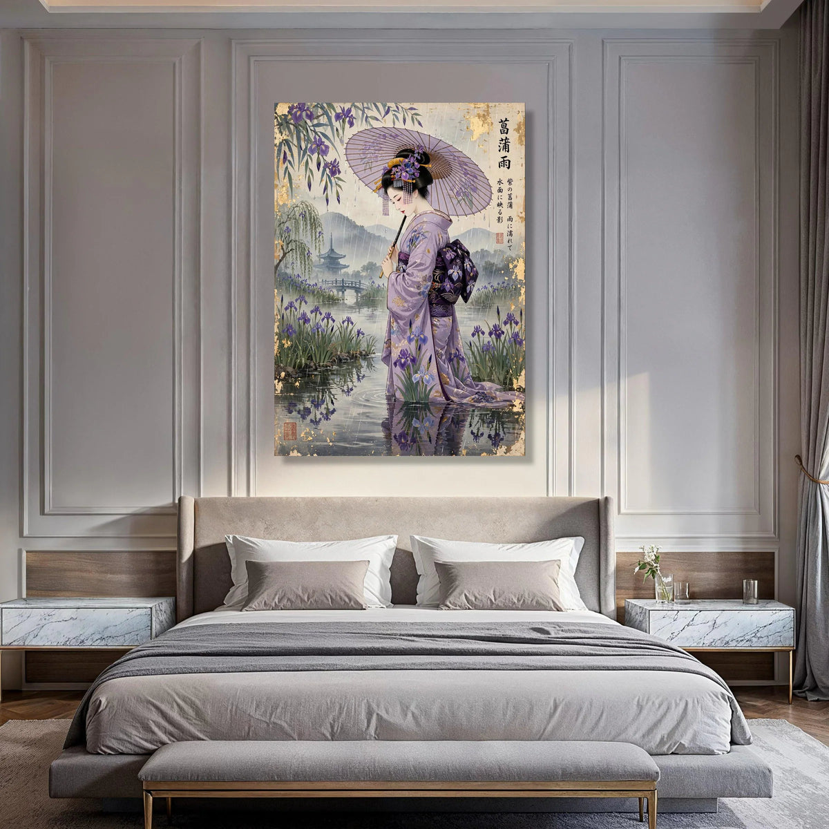 Elegant Geisha Rain, Japanese Kimono Canvas, Purple Iris Floral Wall Art, Traditional Umbrella Scene, Oriental Home Decor, Ready Print Art