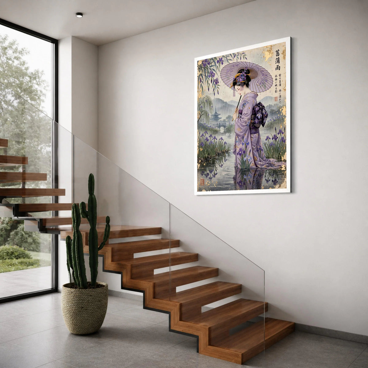 Elegant Geisha Rain, Japanese Kimono Canvas, Purple Iris Floral Wall Art, Traditional Umbrella Scene, Oriental Home Decor, Ready Print Art