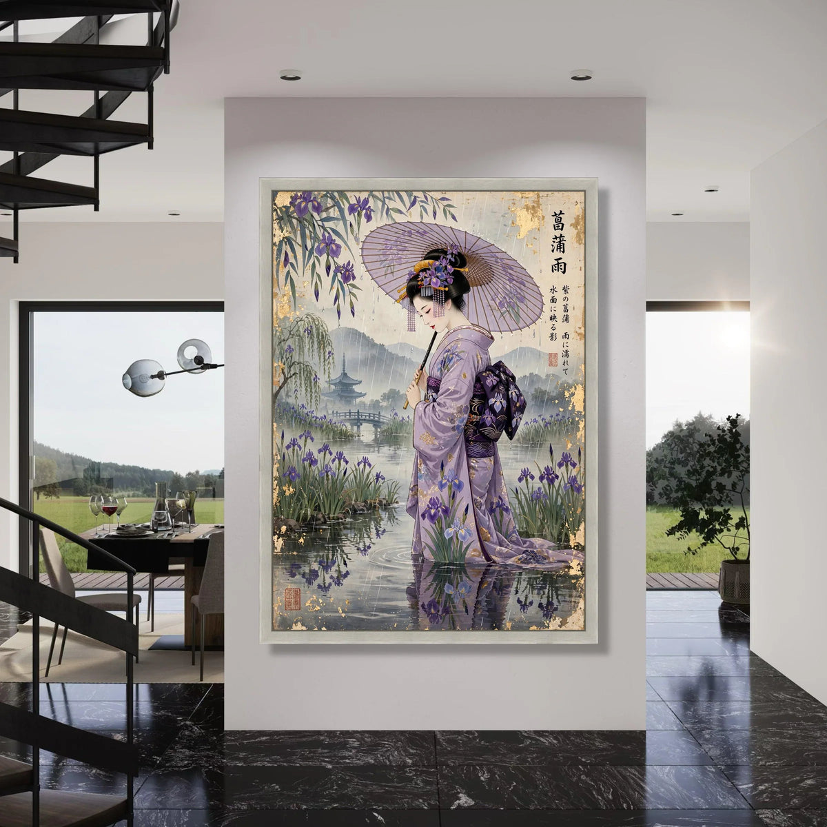 Elegant Geisha Rain, Japanese Kimono Canvas, Purple Iris Floral Wall Art, Traditional Umbrella Scene, Oriental Home Decor, Ready Print Art