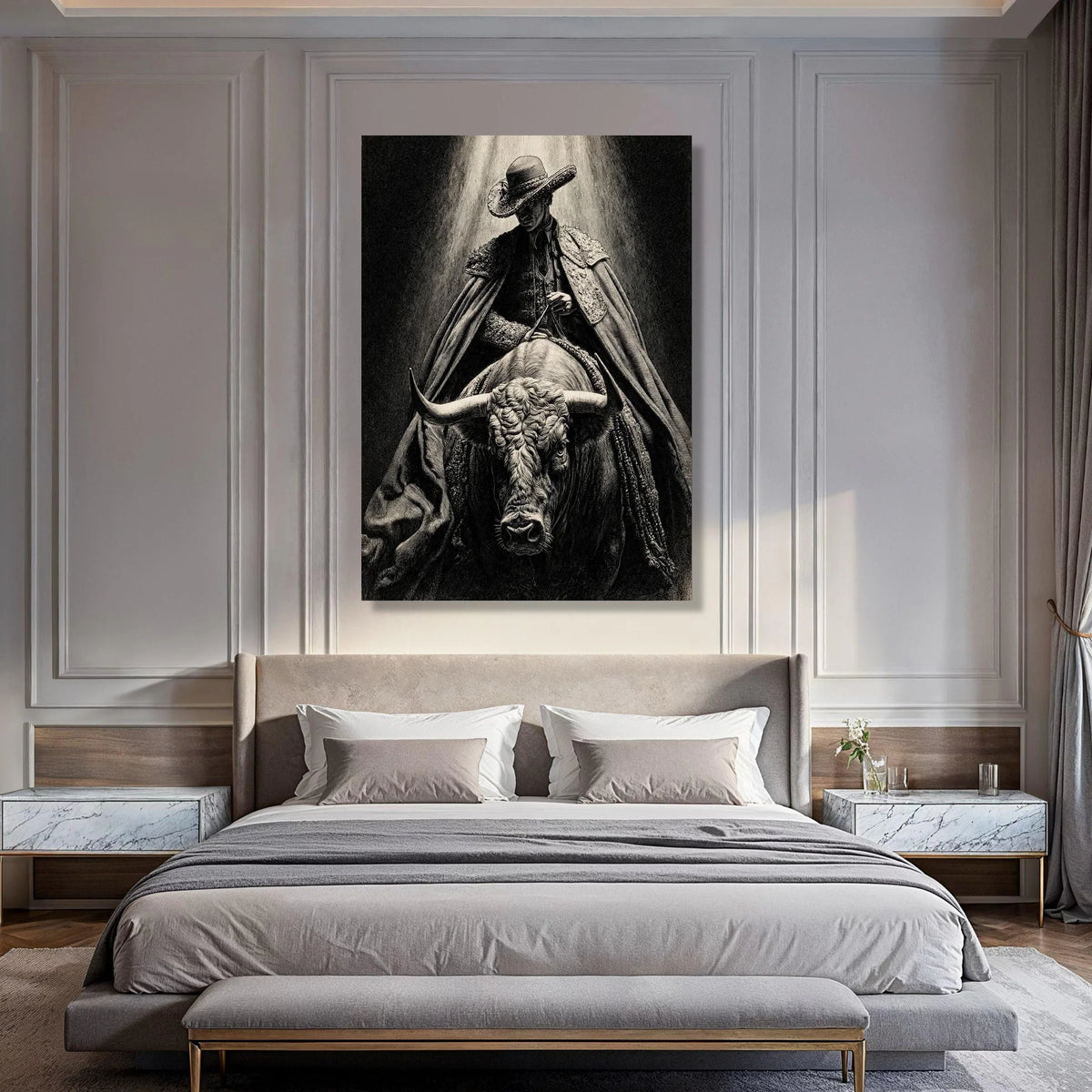 Dramatic Bullfighter Canvas Wall Art, Matador Dark Light, Spanish Culture Canvas, Vintage Bullfighter Illustration, Home Decor Print Art