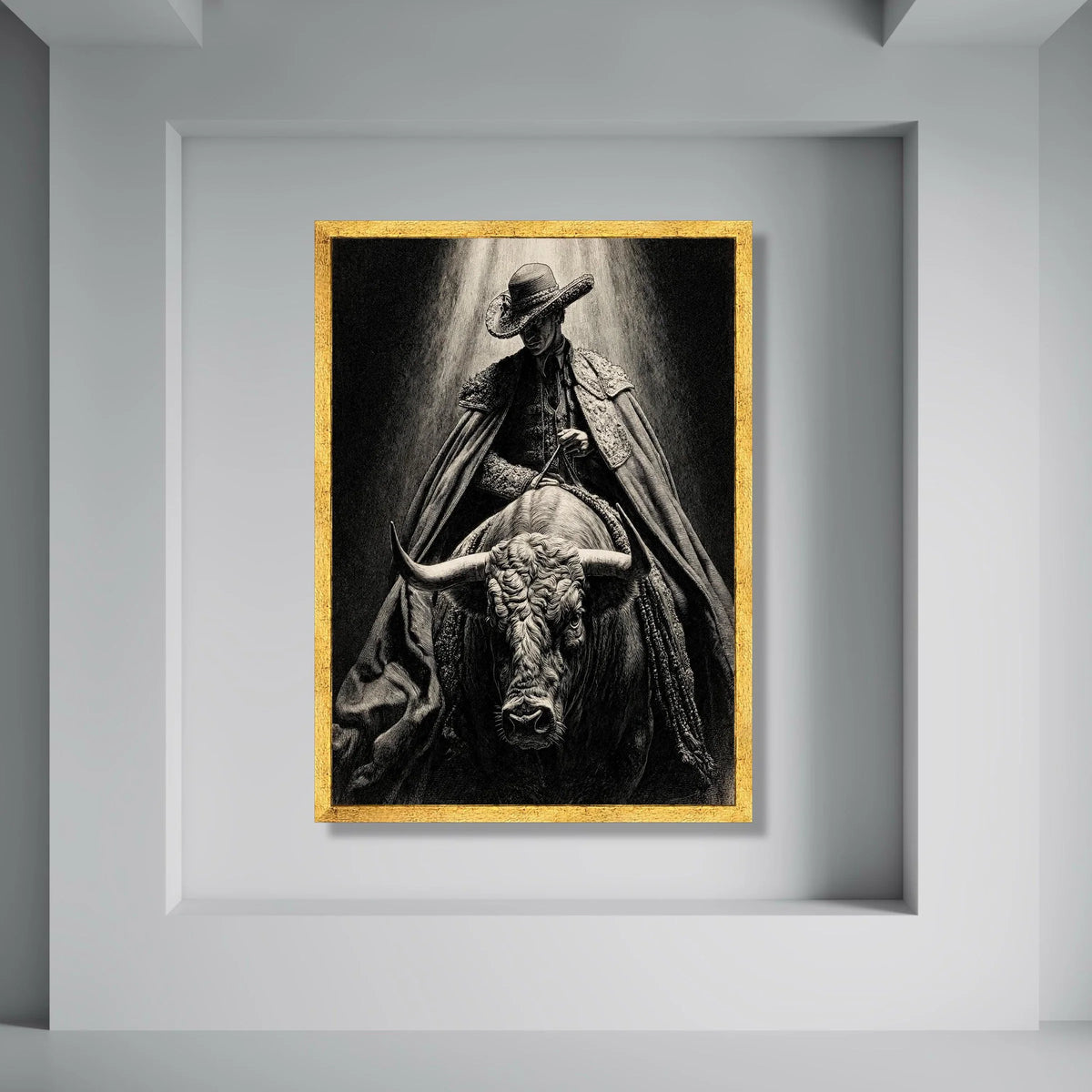 Dramatic Bullfighter Canvas Wall Art, Matador Dark Light, Spanish Culture Canvas, Vintage Bullfighter Illustration, Home Decor Print Art