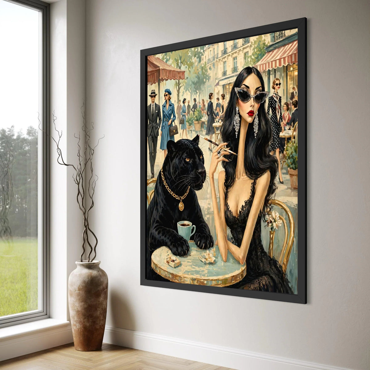 Elegant Woman with Black Panther, Vintage Paris Café Scene Canvas, Chic Fashion Illustration, Glamorous Wall Art, Home Décor Print Art