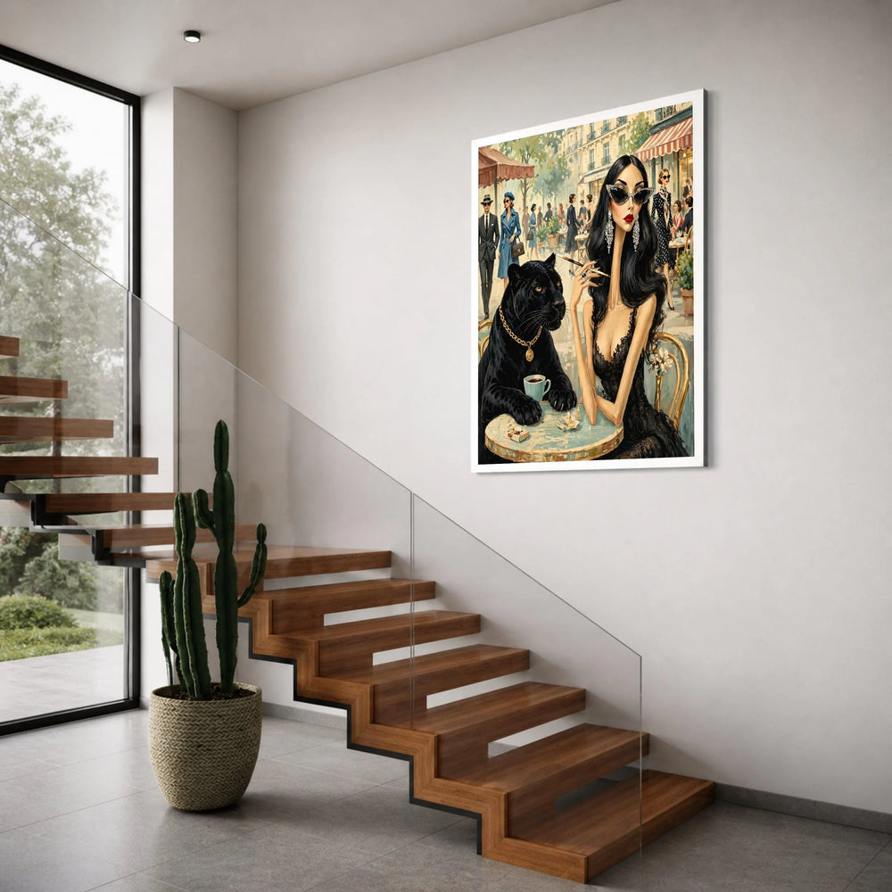 Elegant Woman with Black Panther, Vintage Paris Café Scene Canvas, Chic Fashion Illustration, Glamorous Wall Art, Home Décor Print Art