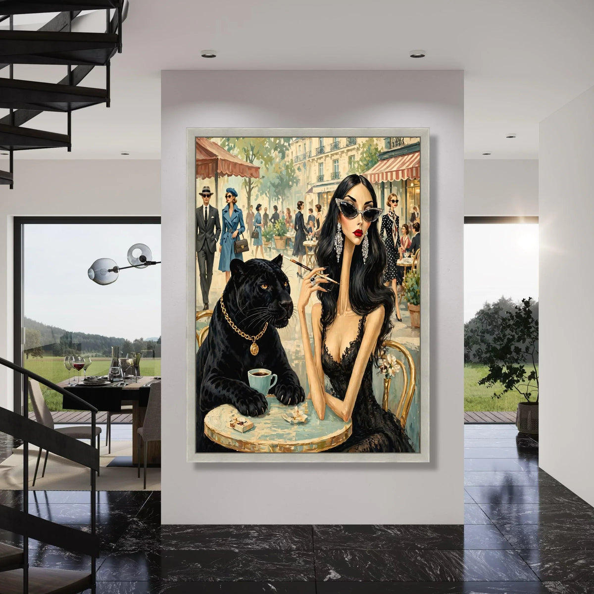 Elegant Woman with Black Panther, Vintage Paris Café Scene Canvas, Chic Fashion Illustration, Glamorous Wall Art, Home Décor Print Art