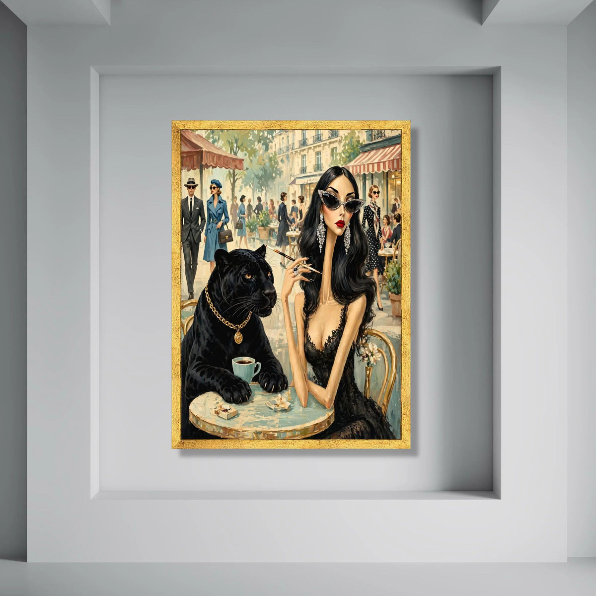 Elegant Woman with Black Panther, Vintage Paris Café Scene Canvas, Chic Fashion Illustration, Glamorous Wall Art, Home Décor Print Art