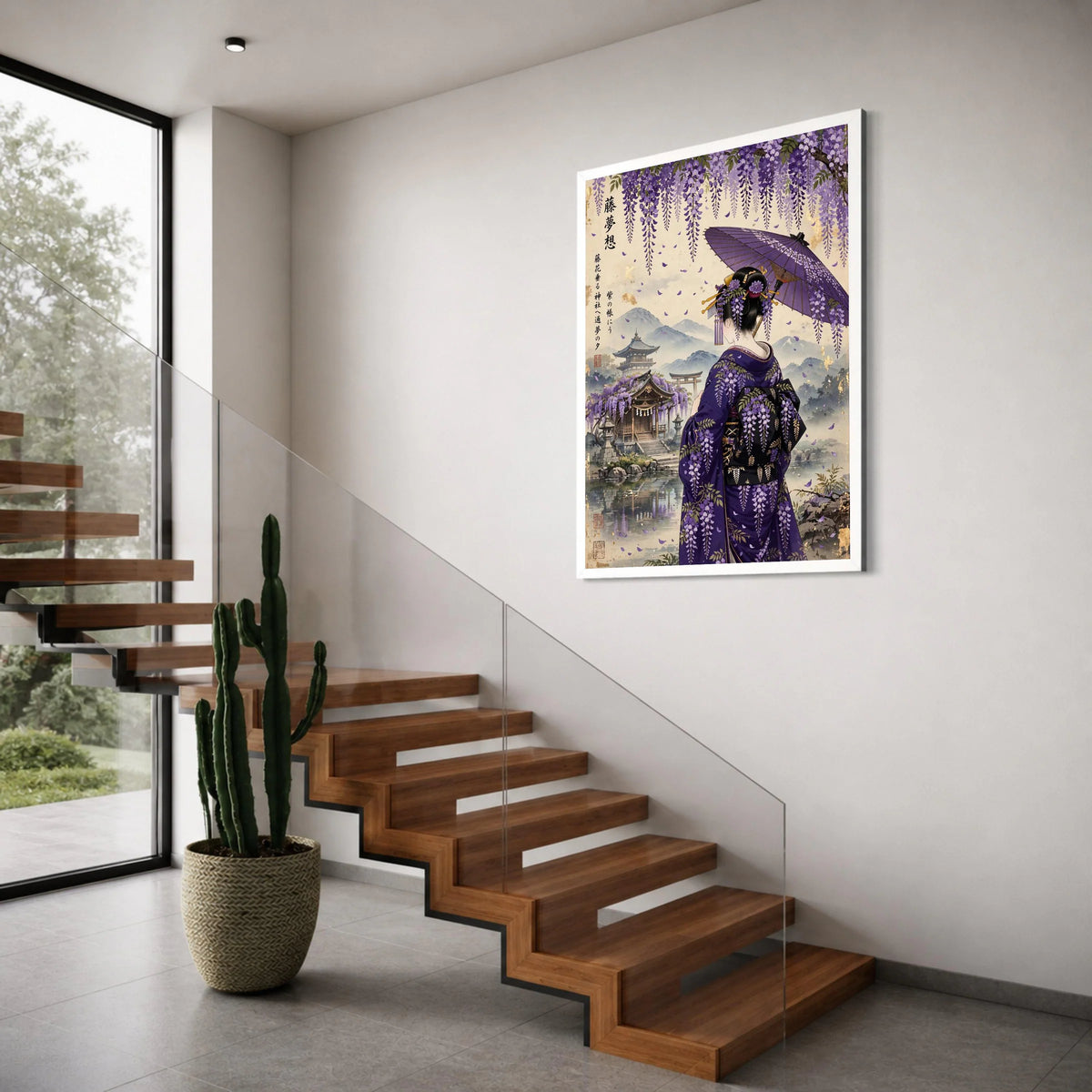 Japanese Geisha with Purple Umbrella, Wisteria Flowers Canvas, Traditional Kimono Art, Sakura Garden Landscape, Asian Culture Wall Print Art