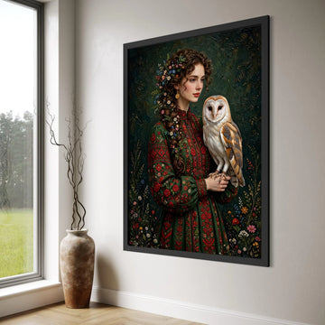 Woman with Floral Hair Braid and Owl, Elegant Nature Portrait Canvas Wall Art, Vintage Style Decor, Bohemian Botanical Painting Print Art