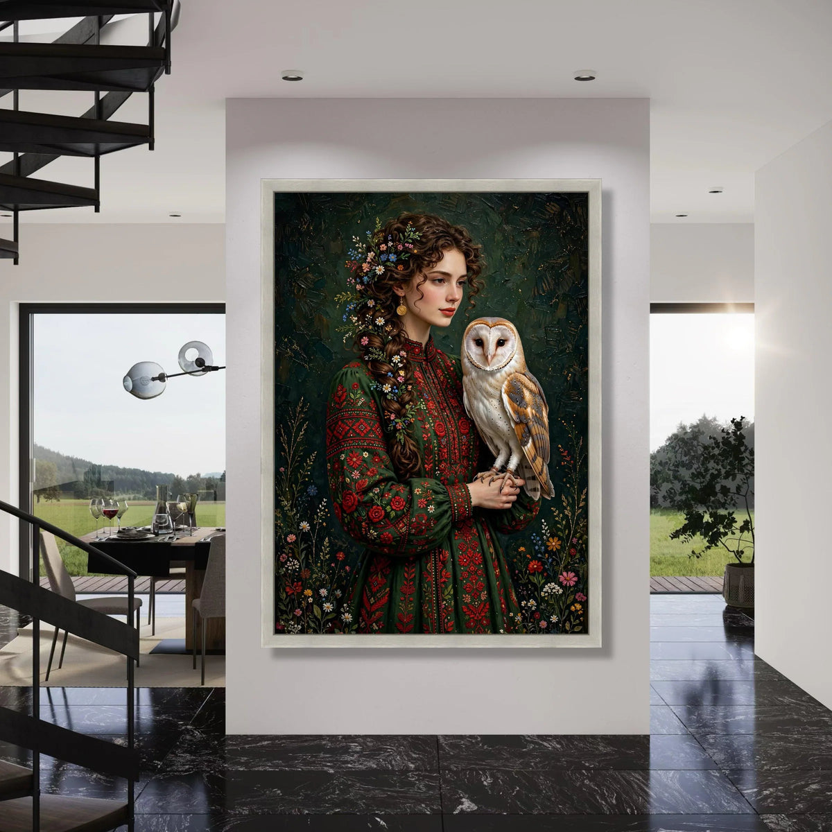 Woman with Floral Hair Braid and Owl, Elegant Nature Portrait Canvas Wall Art, Vintage Style Decor, Bohemian Botanical Painting Print Art