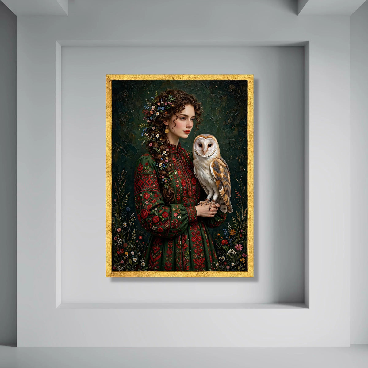 Woman with Floral Hair Braid and Owl, Elegant Nature Portrait Canvas Wall Art, Vintage Style Decor, Bohemian Botanical Painting Print Art