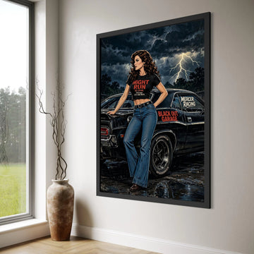 Vintage Racing Girl Canvas, Night Storm Lightning Wall Art, Retro Muscle Car Decor, Urban Garage Scene Canvas, Ready to Hang Print Print Art