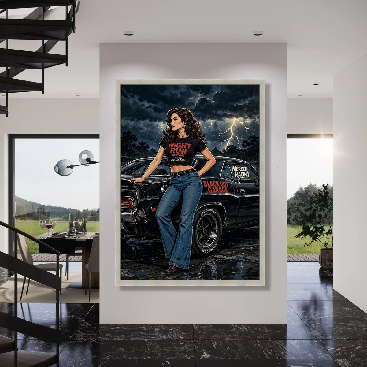 Vintage Racing Girl Canvas, Night Storm Lightning Wall Art, Retro Muscle Car Decor, Urban Garage Scene Canvas, Ready to Hang Print Print Art